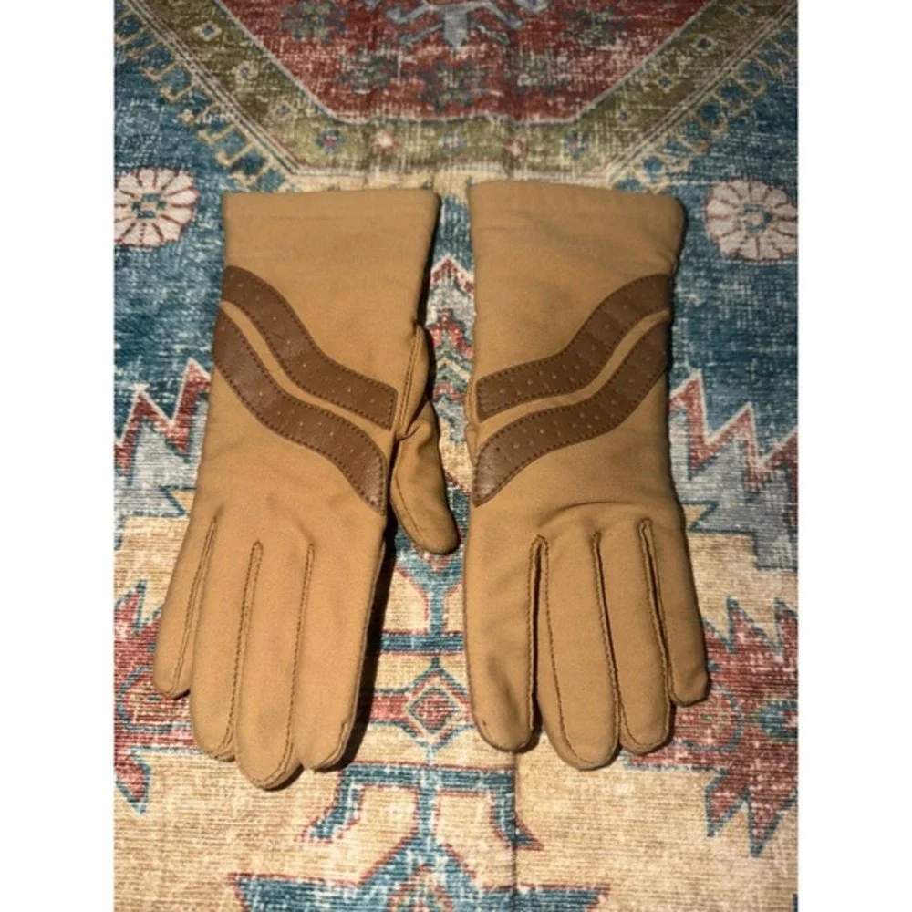 Vintage Sheer Energy Tan Nylon Spandex Gloves Brown Leather Palm Lined One Size